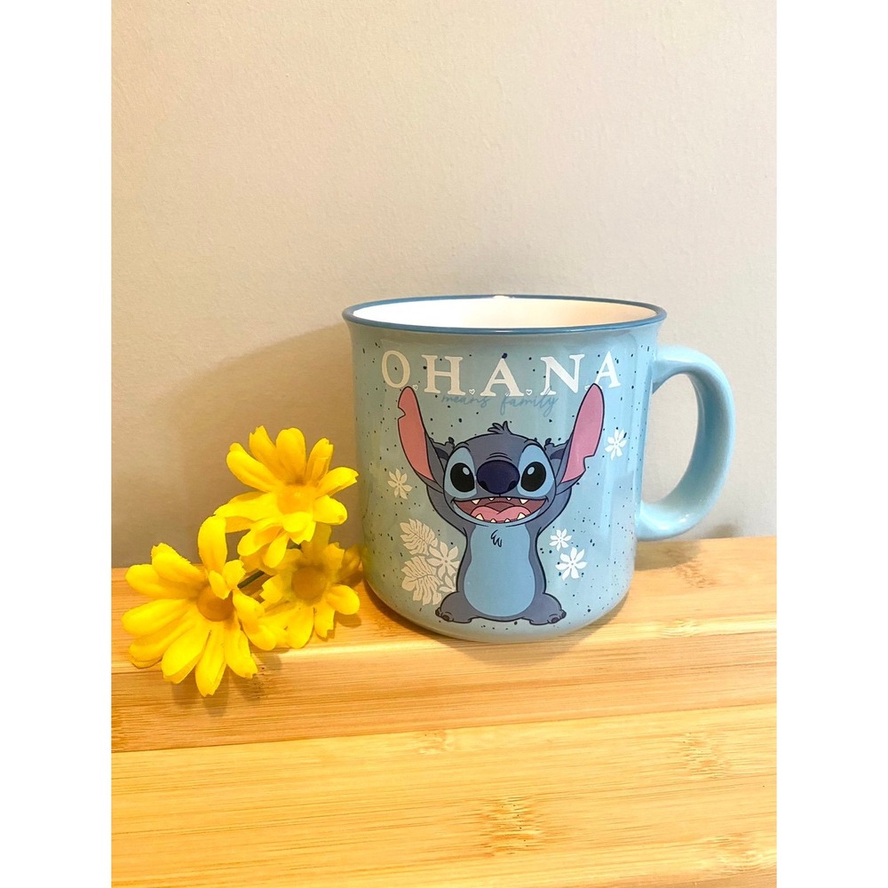 Disney Stitch Lilo Ohana Ceramic Coffee Mug Cup Large Blue Speckled Campfire